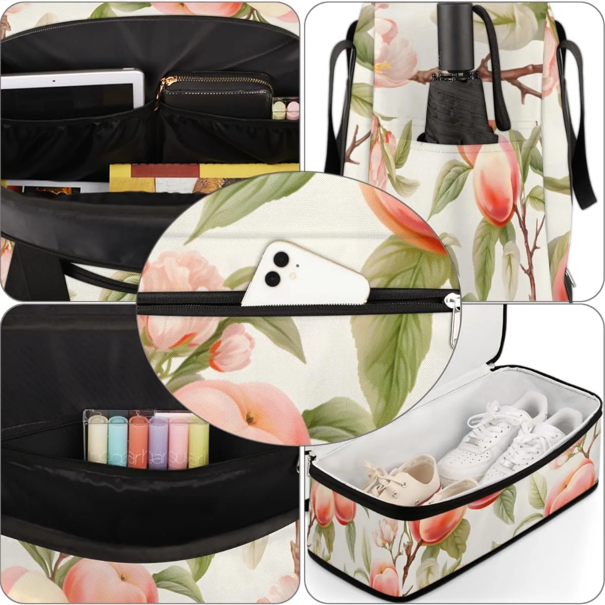 Fruit Peach Print Foldable Travel Duffel Bag Overnight Weekender Bag with Shoes Compartment Sports Gym Bag for Men Women