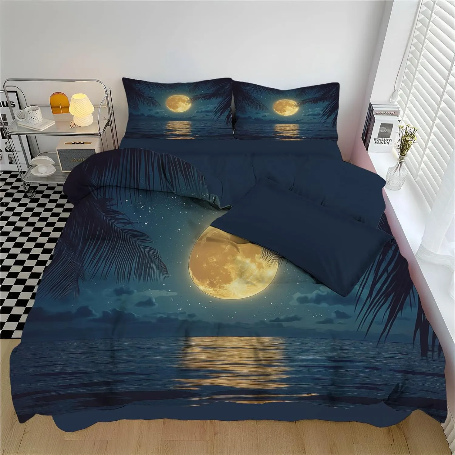 Full Moon and Starry Sky Duvet Cover Set Lightweight Quilt Cover with Pillowcase Beach Night View Pattern 3 Pcs Bedding Set with Zipper Closure King 220x240cm