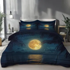Full Moon and Starry Sky Duvet Cover Set Lightweight Quilt Cover with Pillowcase Beach Night View Pattern 3 Pcs Bedding Set with Zipper Closure King 220x240cm