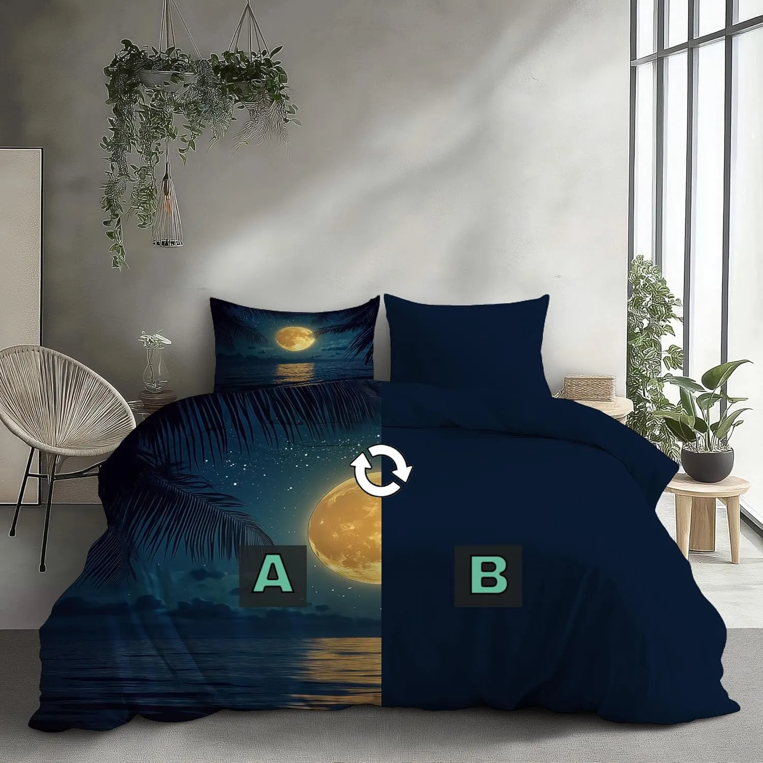 Full Moon and Starry Sky Duvet Cover Set Lightweight Quilt Cover with Pillowcase Beach Night View Pattern 3 Pcs Bedding Set with Zipper Closure King 220x240cm