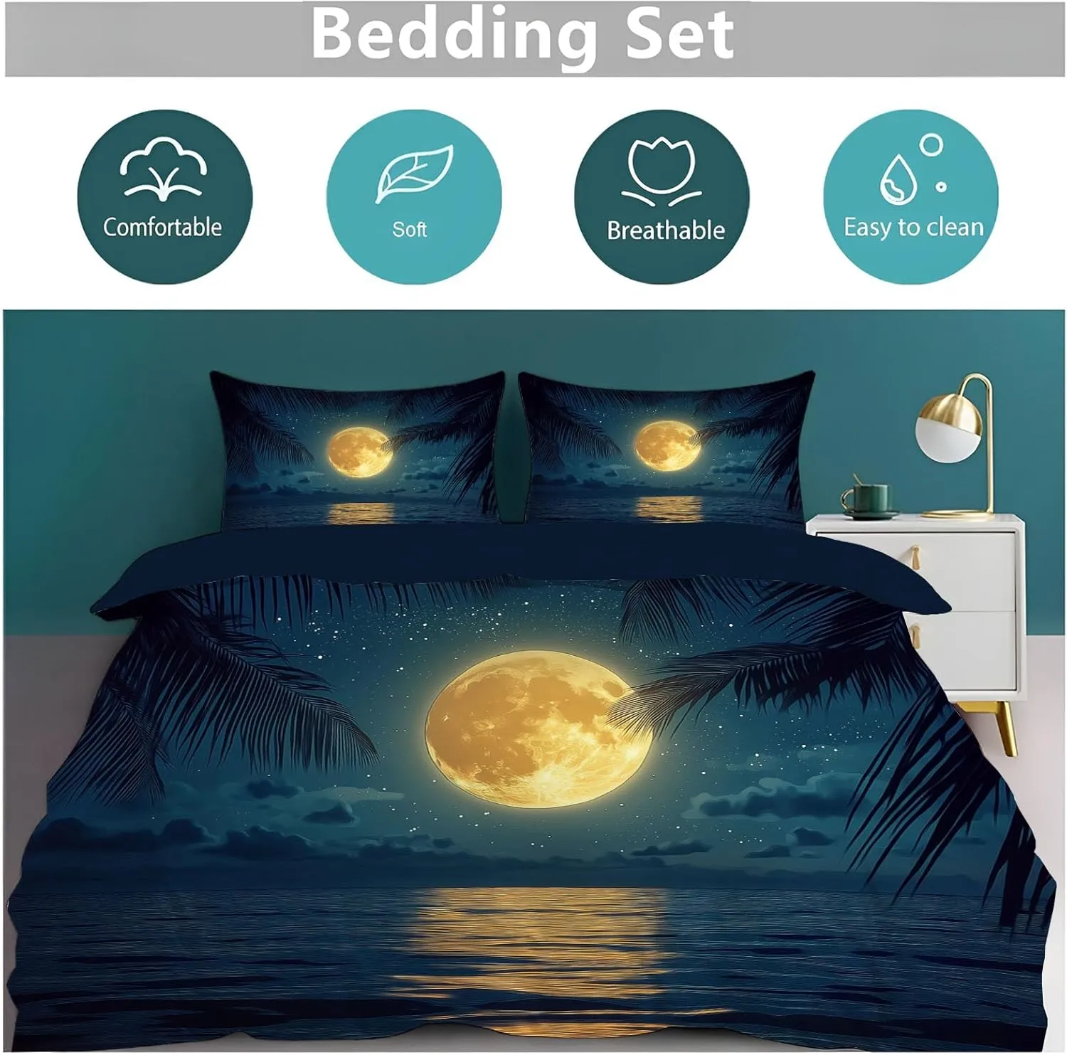 Full Moon and Starry Sky Duvet Cover Set Lightweight Quilt Cover with Pillowcase Beach Night View Pattern 3 Pcs Bedding Set with Zipper Closure King 220x240cm
