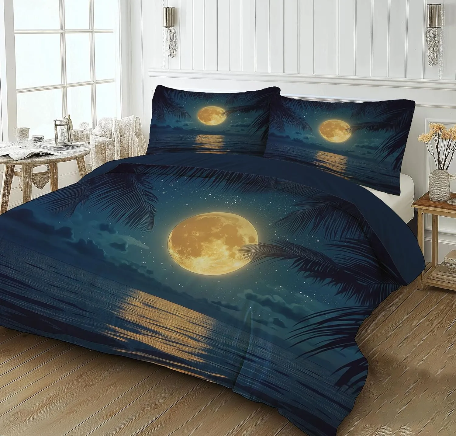 Full Moon and Starry Sky Duvet Cover Set Lightweight Quilt Cover with Pillowcase Beach Night View Pattern 3 Pcs Bedding Set with Zipper Closure King 220x240cm