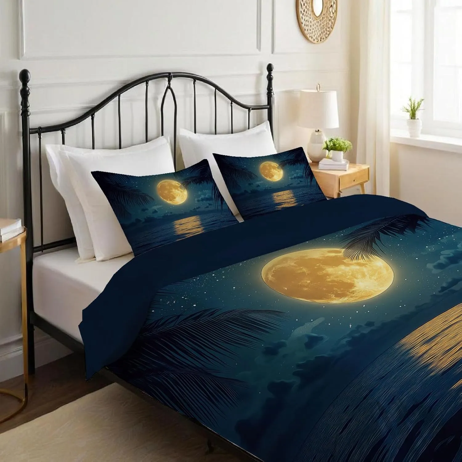 Full Moon and Starry Sky Duvet Cover Set Lightweight Quilt Cover with Pillowcase Beach Night View Pattern 3 Pcs Bedding Set with Zipper Closure King 220x240cm