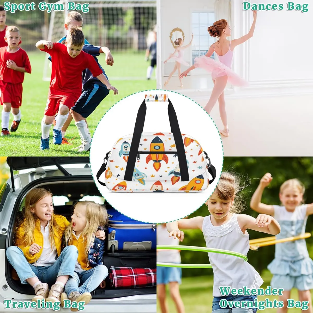 Funny Astronaut Kids Overnighter Duffel Bags for Boys, Carry-On Size Sports Gym Bag with Front Zipper Pocket for School Practice or Overnight Travel Weekender Sleepover Tote Bag