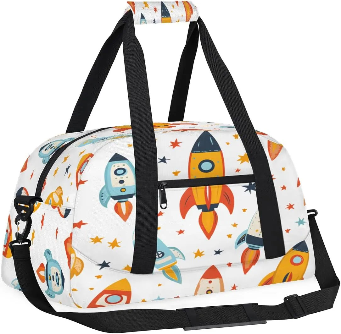 Funny Astronaut Kids Overnighter Duffel Bags for Boys, Carry-On Size Sports Gym Bag with Front Zipper Pocket for School Practice or Overnight Travel Weekender Sleepover Tote Bag