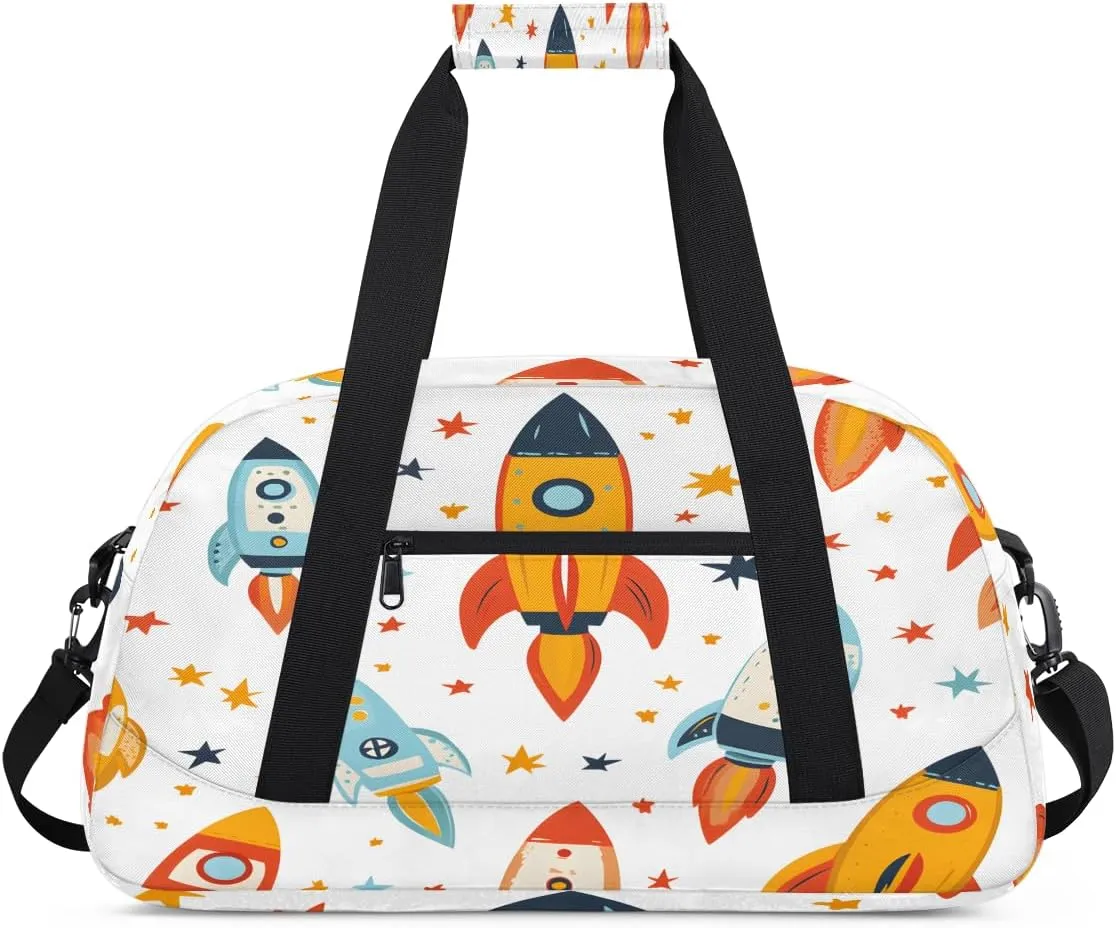 Funny Astronaut Kids Overnighter Duffel Bags for Boys, Carry-On Size Sports Gym Bag with Front Zipper Pocket for School Practice or Overnight Travel Weekender Sleepover Tote Bag