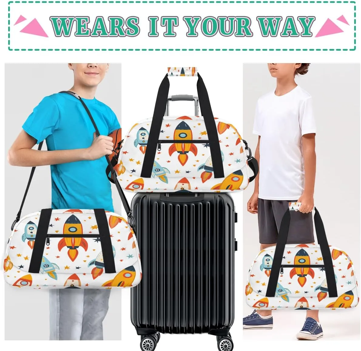 Funny Astronaut Kids Overnighter Duffel Bags for Boys, Carry-On Size Sports Gym Bag with Front Zipper Pocket for School Practice or Overnight Travel Weekender Sleepover Tote Bag