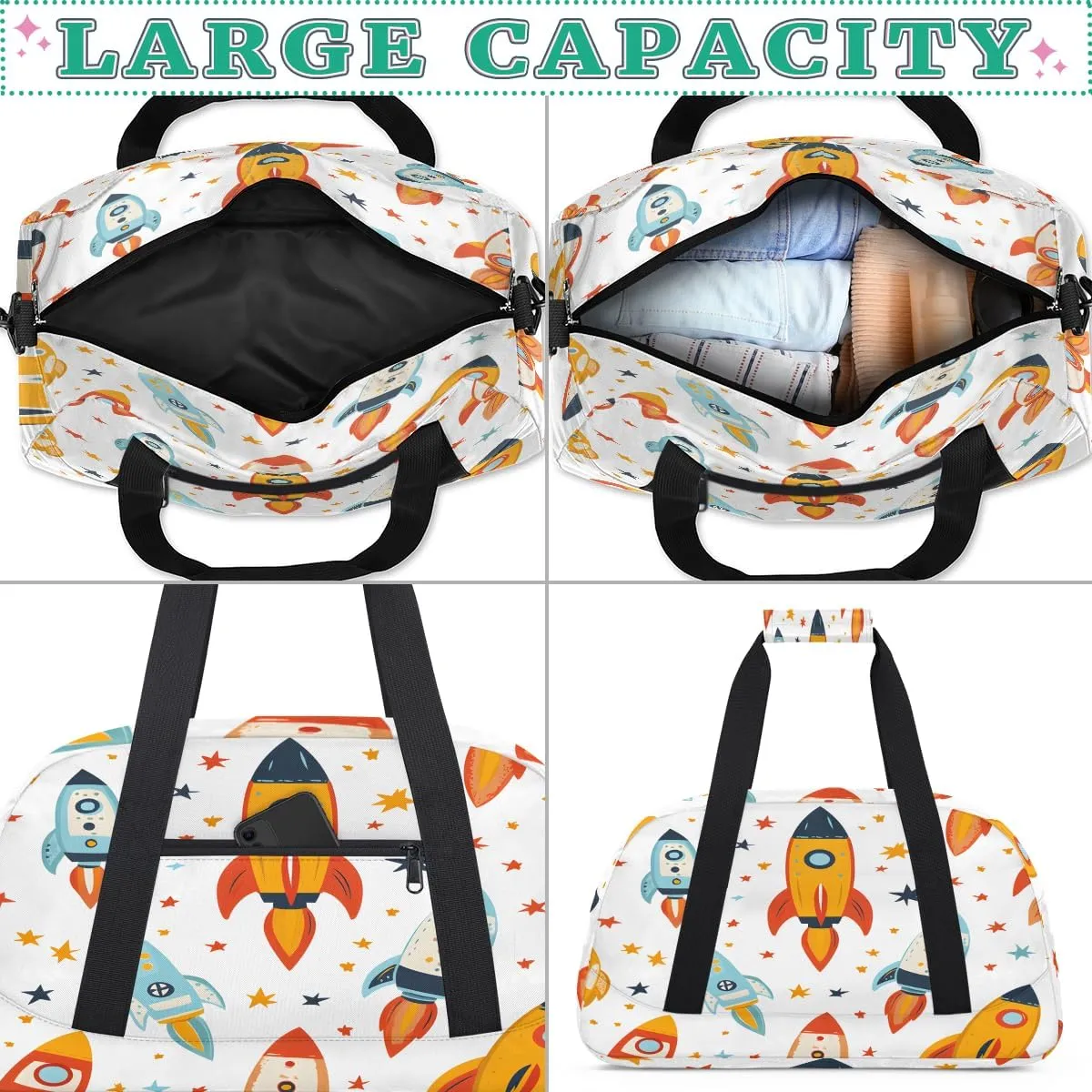 Funny Astronaut Kids Overnighter Duffel Bags for Boys, Carry-On Size Sports Gym Bag with Front Zipper Pocket for School Practice or Overnight Travel Weekender Sleepover Tote Bag