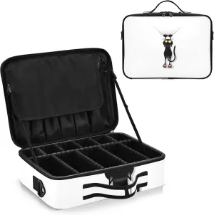 Funny Black Cat Cartoon Scratching Curtains on White Women's Portable Makeup Bag with Handle, Cosmetic Bag, Adjustable Dividers, Travel Cosmetic Toiletry Storage Organizer for women