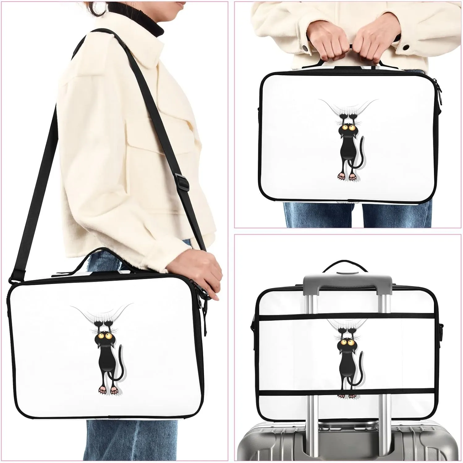 Funny Black Cat Cartoon Scratching Curtains on White Women's Portable Makeup Bag with Handle, Cosmetic Bag, Adjustable Dividers, Travel Cosmetic Toiletry Storage Organizer for women
