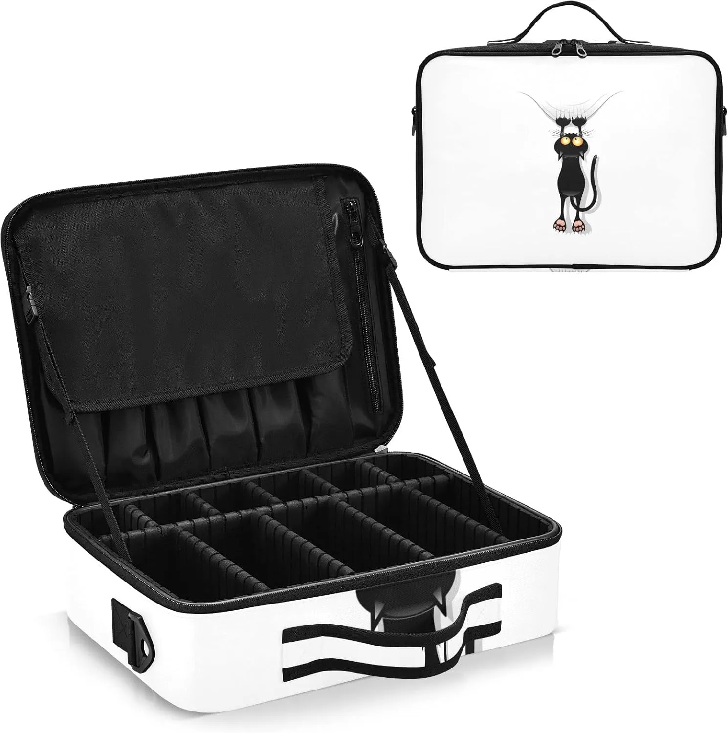 Funny Black Cat Cartoon Scratching Curtains on White Women's Portable Makeup Bag with Handle, Cosmetic Bag, Adjustable Dividers, Travel Cosmetic Toiletry Storage Organizer for women