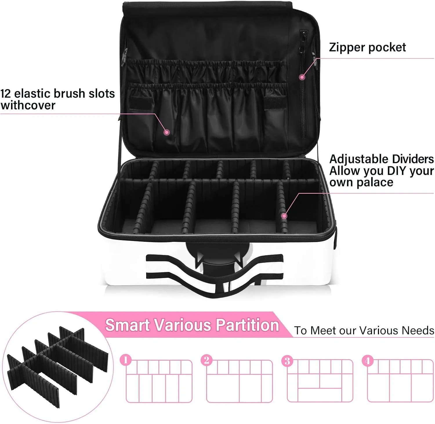 Funny Black Cat Cartoon Scratching Curtains on White Women's Portable Makeup Bag with Handle, Cosmetic Bag, Adjustable Dividers, Travel Cosmetic Toiletry Storage Organizer for women