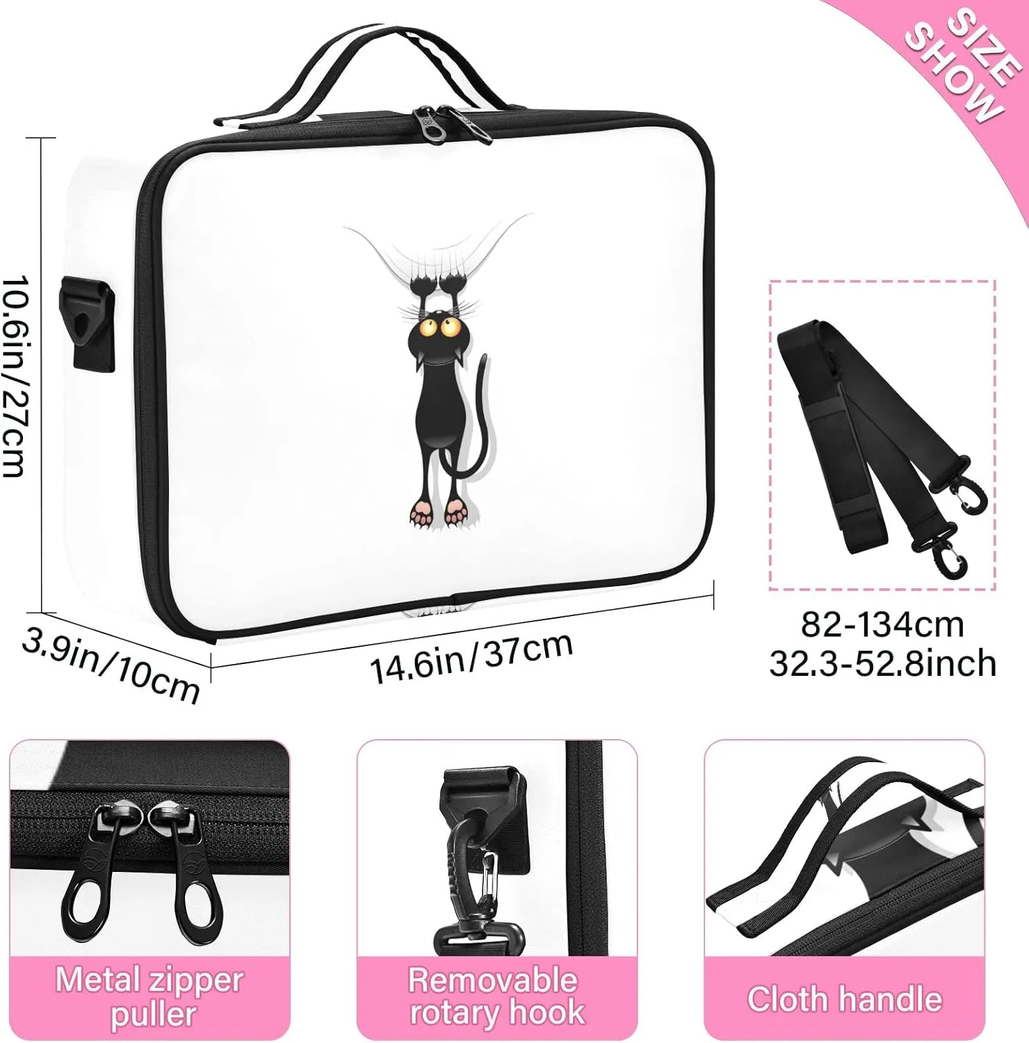Funny Black Cat Cartoon Scratching Curtains on White Women's Portable Makeup Bag with Handle, Cosmetic Bag, Adjustable Dividers, Travel Cosmetic Toiletry Storage Organizer for women