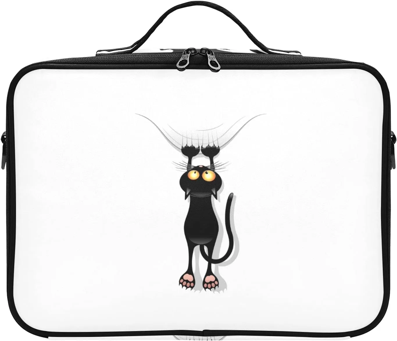 Funny Black Cat Cartoon Scratching Curtains on White Women's Portable Makeup Bag with Handle, Cosmetic Bag, Adjustable Dividers, Travel Cosmetic Toiletry Storage Organizer for women