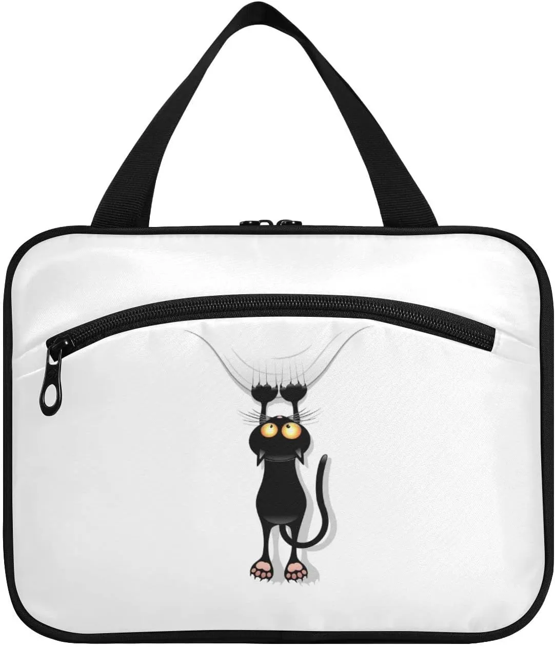 Funny Black Cat Cartoon Scratching Curtains on White Women's Portable Makeup Bag with Handle Cosmetic Bag, Twill Cloth Travel Cosmetic Bag, Polyester Toiletry Bag for Women L Size