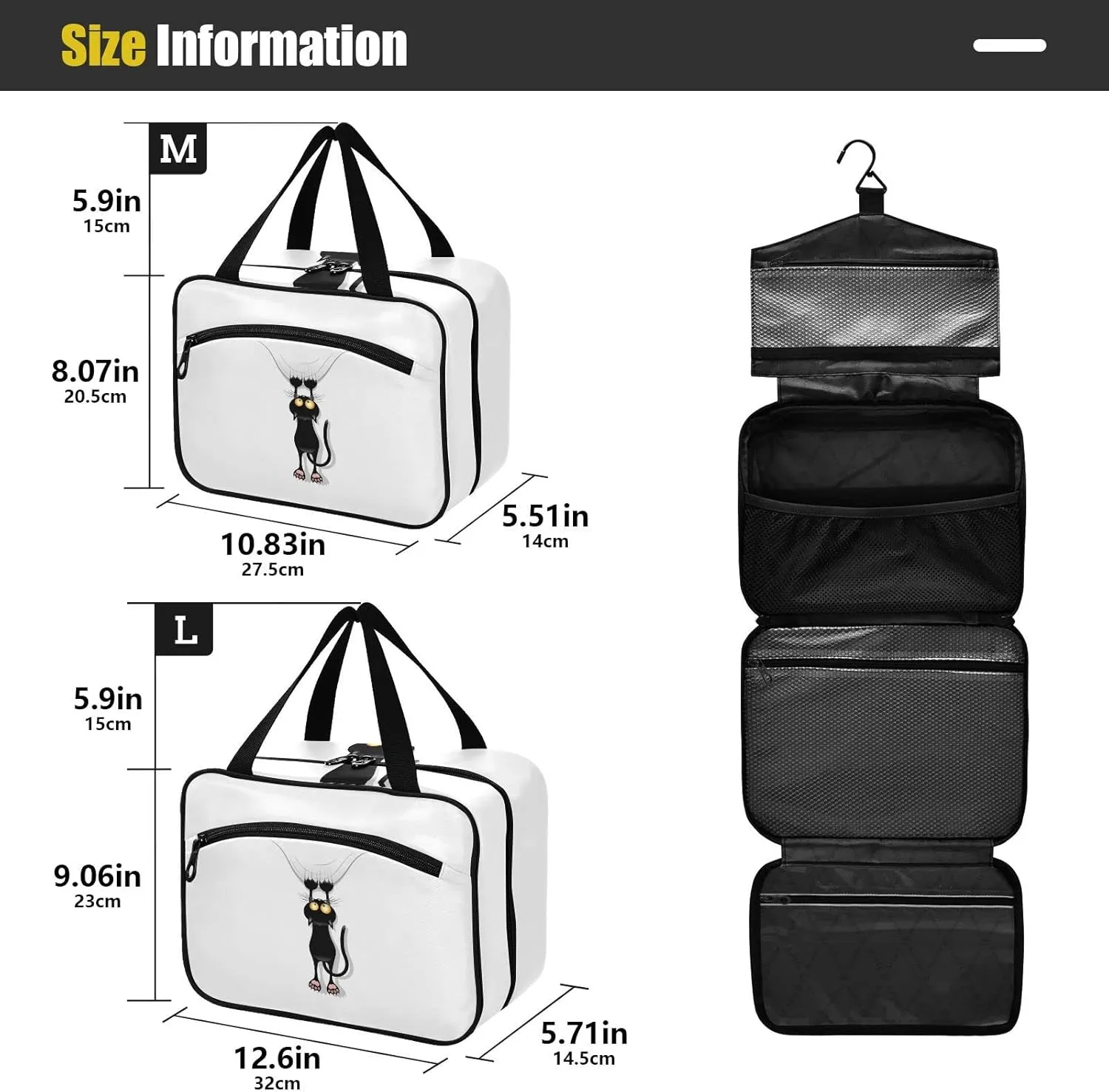 Funny Black Cat Cartoon Scratching Curtains on White Women's Portable Makeup Bag with Handle Cosmetic Bag, Twill Cloth Travel Cosmetic Bag, Polyester Toiletry Bag for Women L Size
