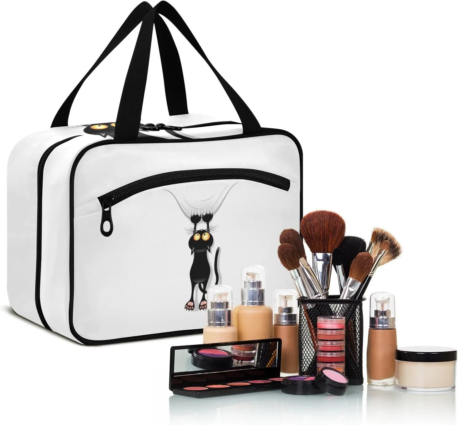 Funny Black Cat Cartoon Scratching Curtains on White Women's Portable Makeup Bag with Handle Cosmetic Bag, Twill Cloth Travel Cosmetic Bag, Polyester Toiletry Bag for Women L Size
