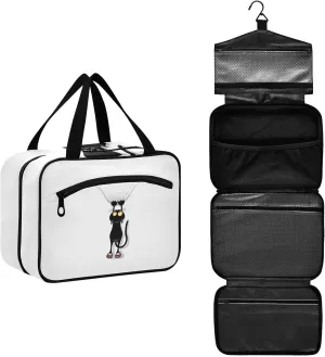 Funny Black Cat Cartoon Scratching Curtains on White Women's Portable Makeup Bag with Handle Cosmetic Bag, Twill Cloth Travel Cosmetic Bag, Polyester Toiletry Bag for Women L Size