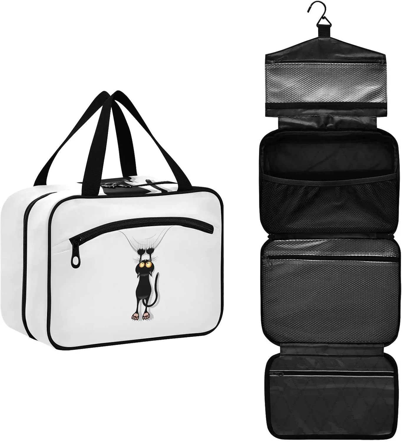 Funny Black Cat Cartoon Scratching Curtains on White Women's Portable Makeup Bag with Handle Cosmetic Bag, Twill Cloth Travel Cosmetic Bag, Polyester Toiletry Bag for Women L Size