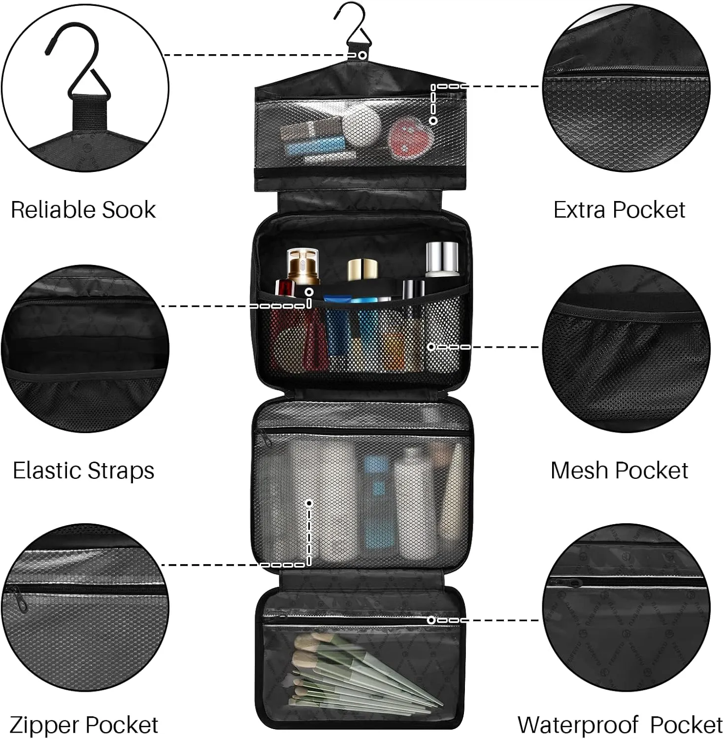 Funny Black Cat Cartoon Scratching Curtains on White Women's Portable Makeup Bag with Handle Cosmetic Bag, Twill Cloth Travel Cosmetic Bag, Polyester Toiletry Bag for Women L Size