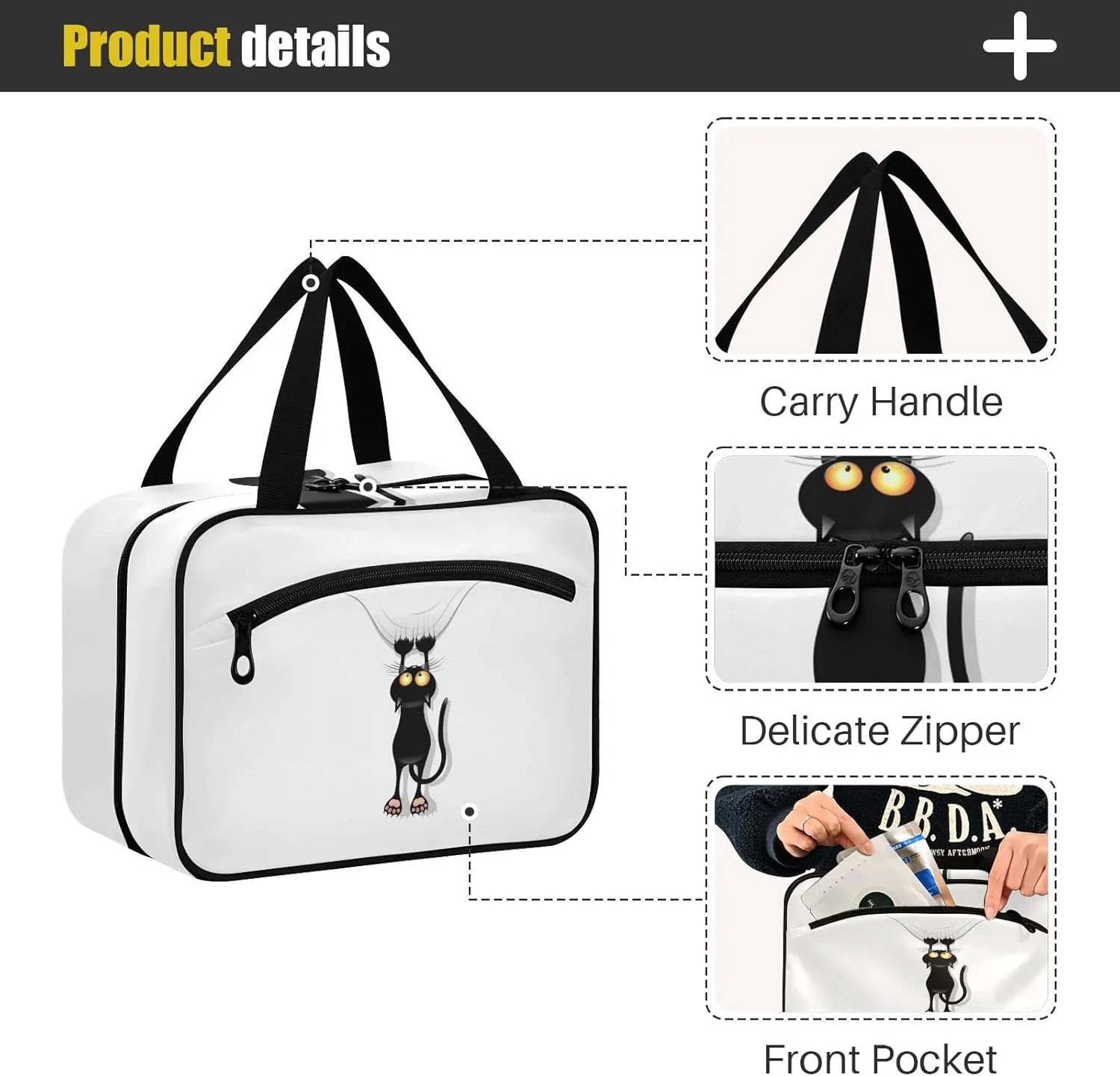 Funny Black Cat Cartoon Scratching Curtains on White Women's Portable Makeup Bag with Handle Cosmetic Bag, Twill Cloth Travel Cosmetic Bag, Polyester Toiletry Bag for Women L Size