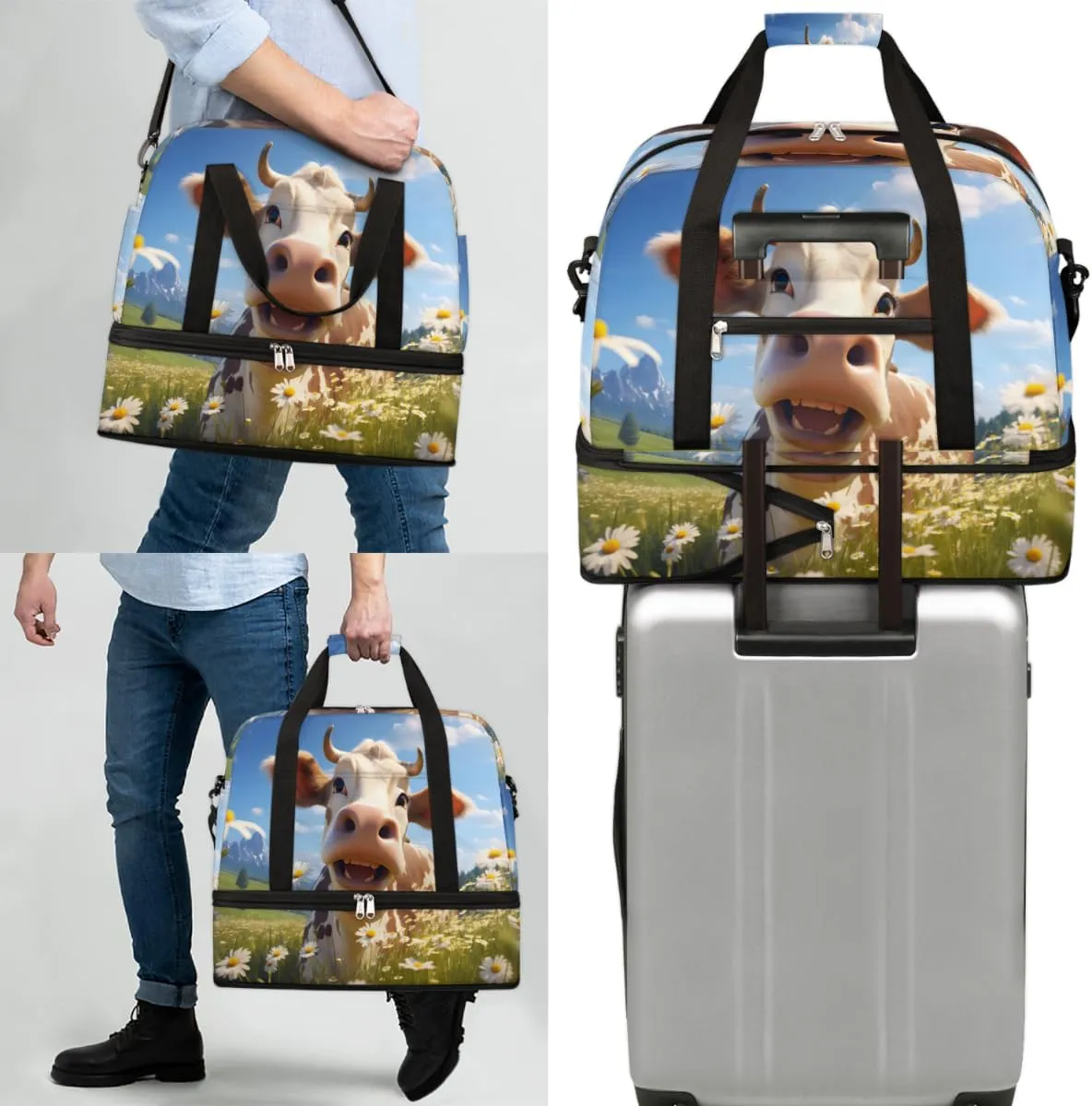 Funny Cattle Foldable Travel Duffel Bag Overnight Weekender Bag with Shoes Compartment Sports Gym Bag for Men Women