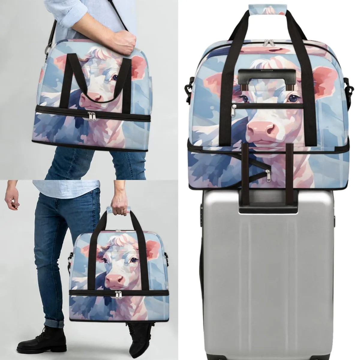 Funny Cattle Foldable Travel Duffel Bag Overnight Weekender Bag with Shoes Compartment Sports Gym Bag for Men Women