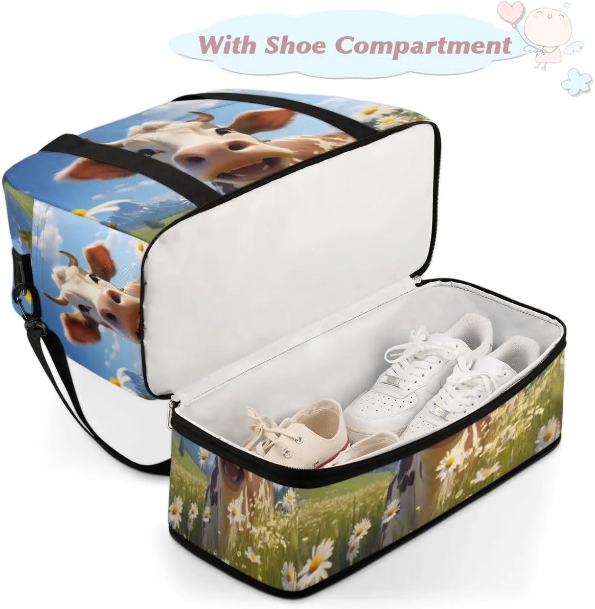 Funny Cattle Foldable Travel Duffel Bag Overnight Weekender Bag with Shoes Compartment Sports Gym Bag for Men Women