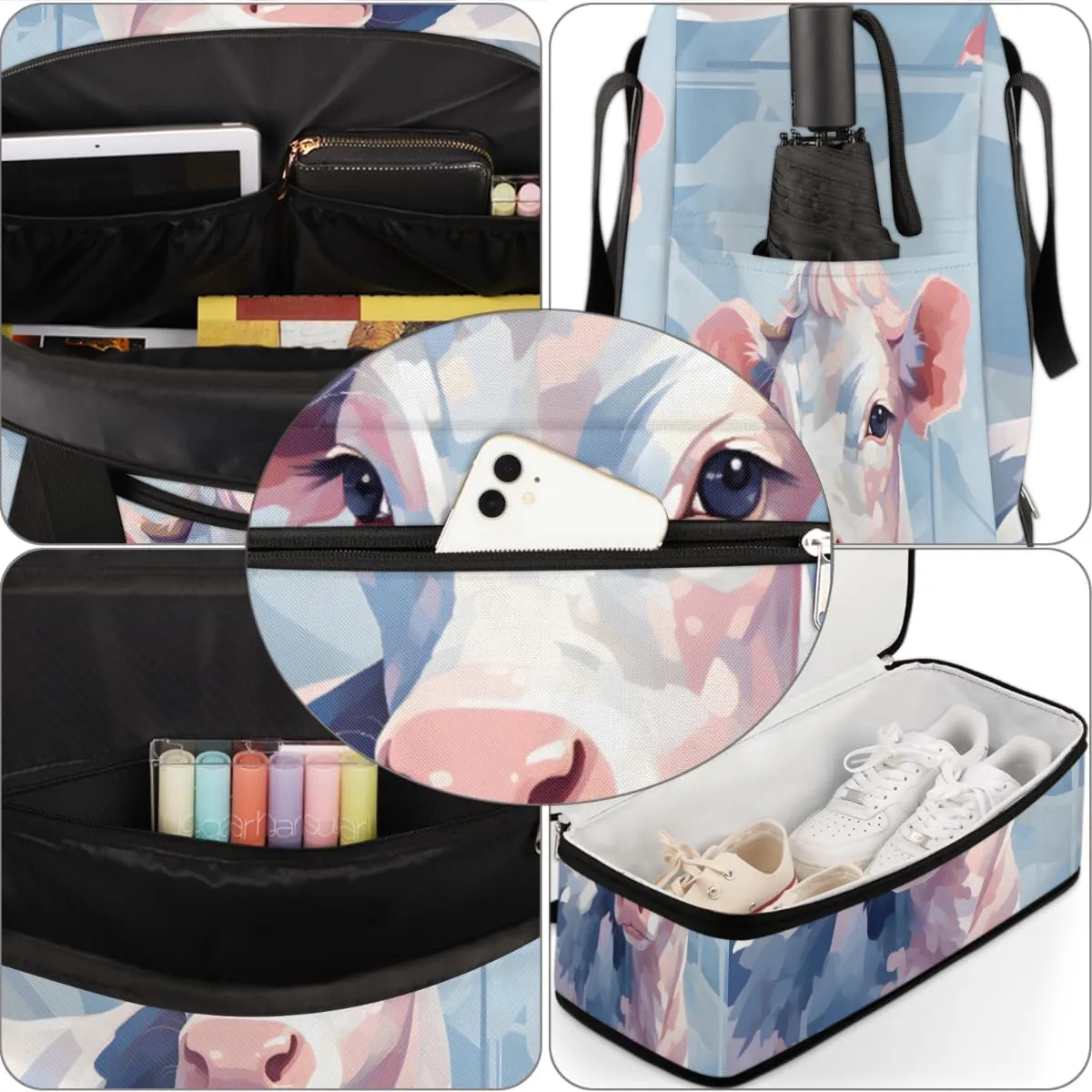 Funny Cattle Foldable Travel Duffel Bag Overnight Weekender Bag with Shoes Compartment Sports Gym Bag for Men Women