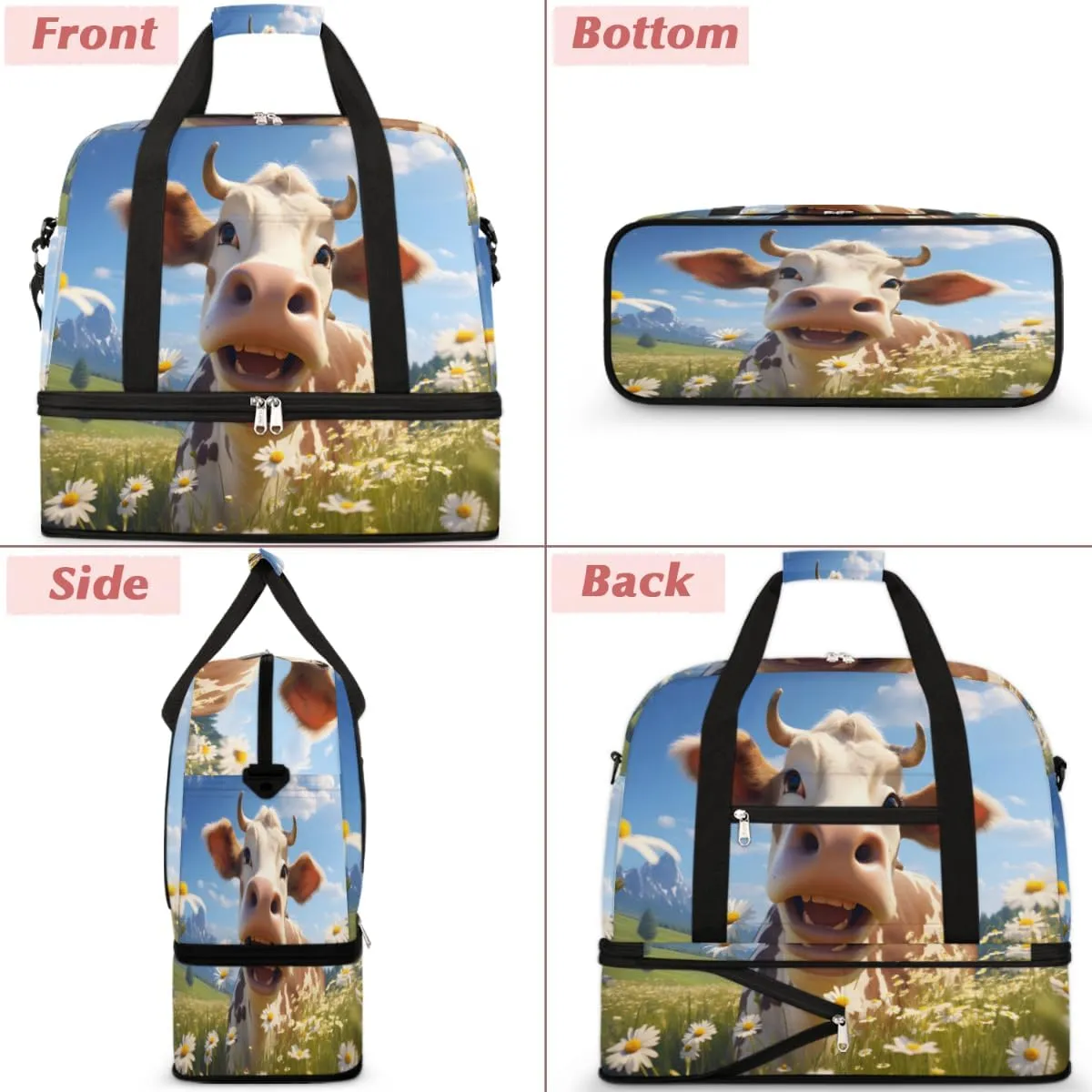 Funny Cattle Foldable Travel Duffel Bag Overnight Weekender Bag with Shoes Compartment Sports Gym Bag for Men Women