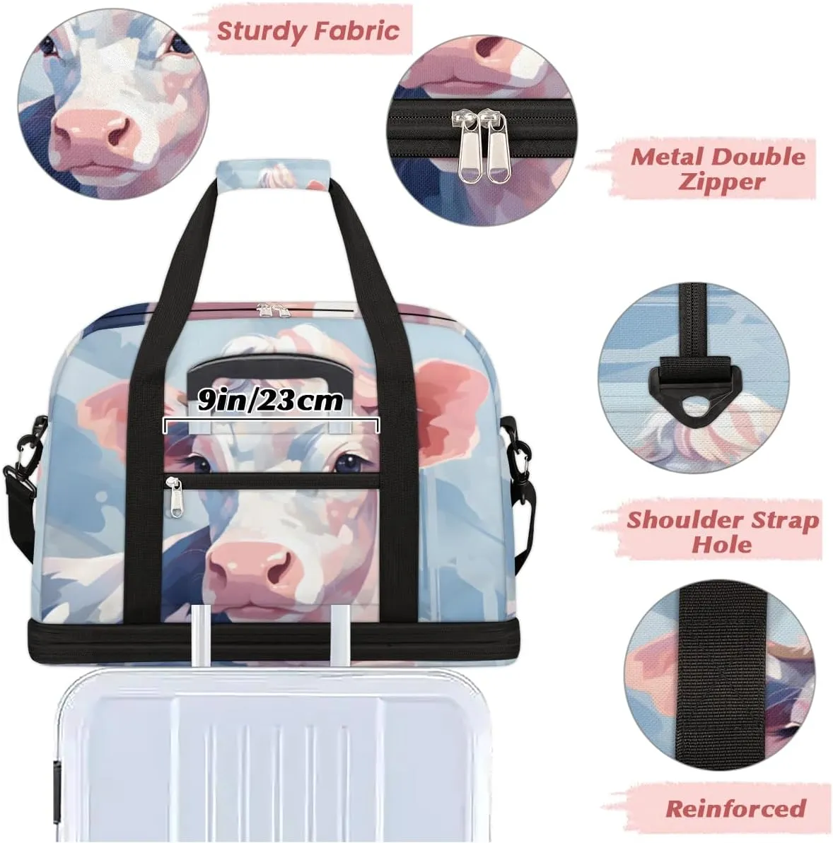 Funny Cattle Foldable Travel Duffel Bag Overnight Weekender Bag with Shoes Compartment Sports Gym Bag for Men Women