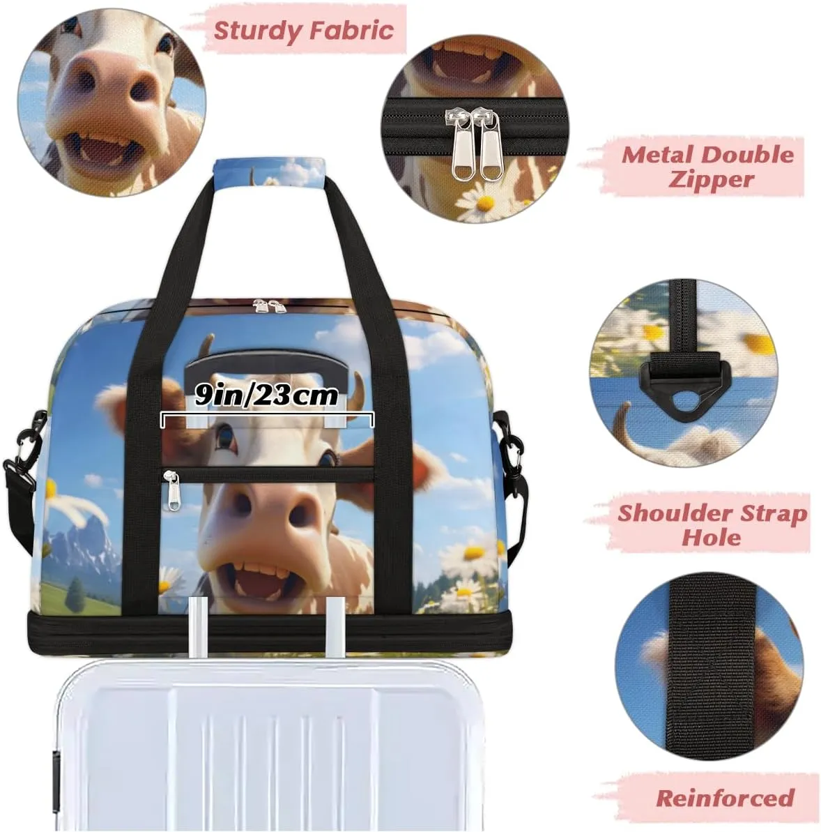 Funny Cattle Foldable Travel Duffel Bag Overnight Weekender Bag with Shoes Compartment Sports Gym Bag for Men Women