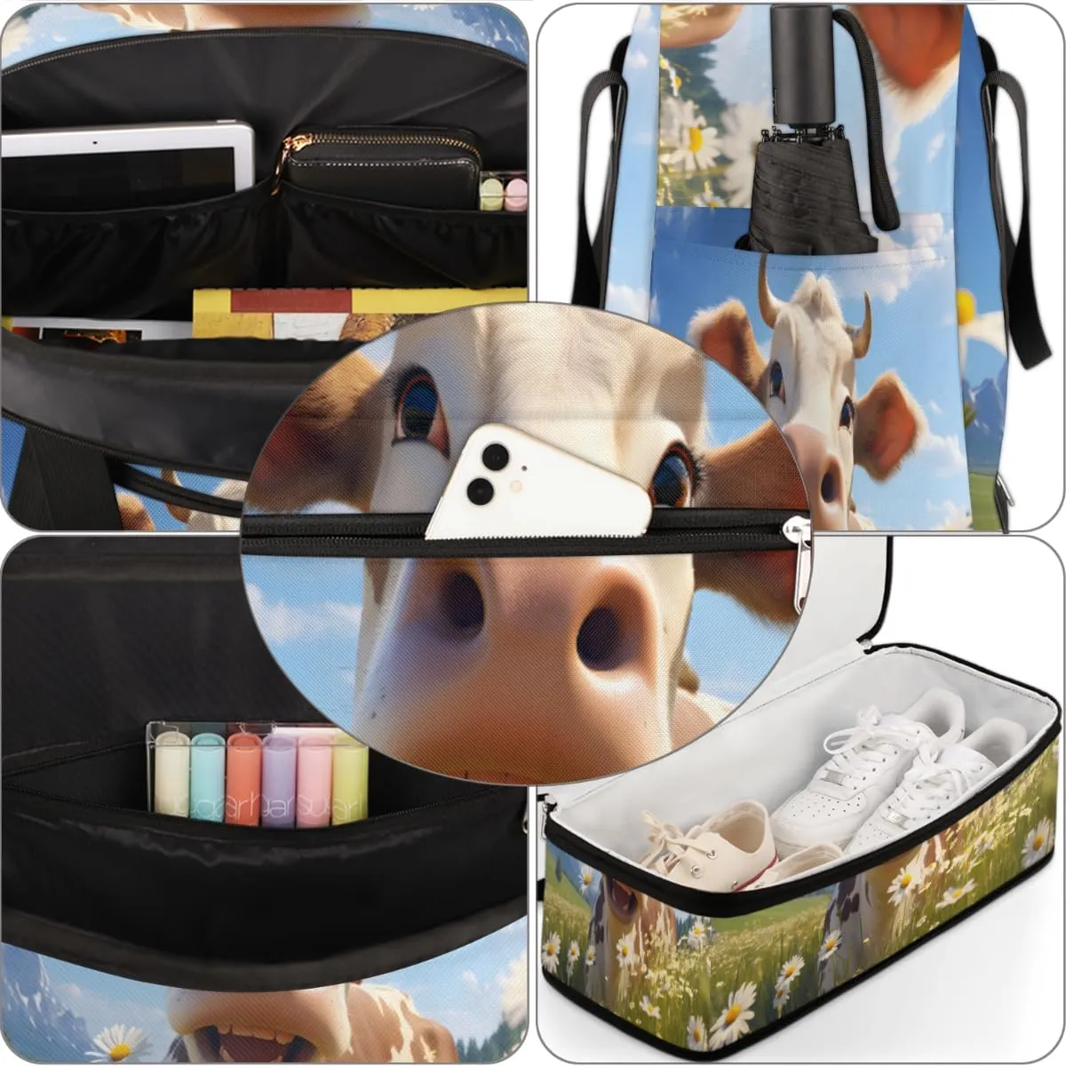 Funny Cattle Foldable Travel Duffel Bag Overnight Weekender Bag with Shoes Compartment Sports Gym Bag for Men Women