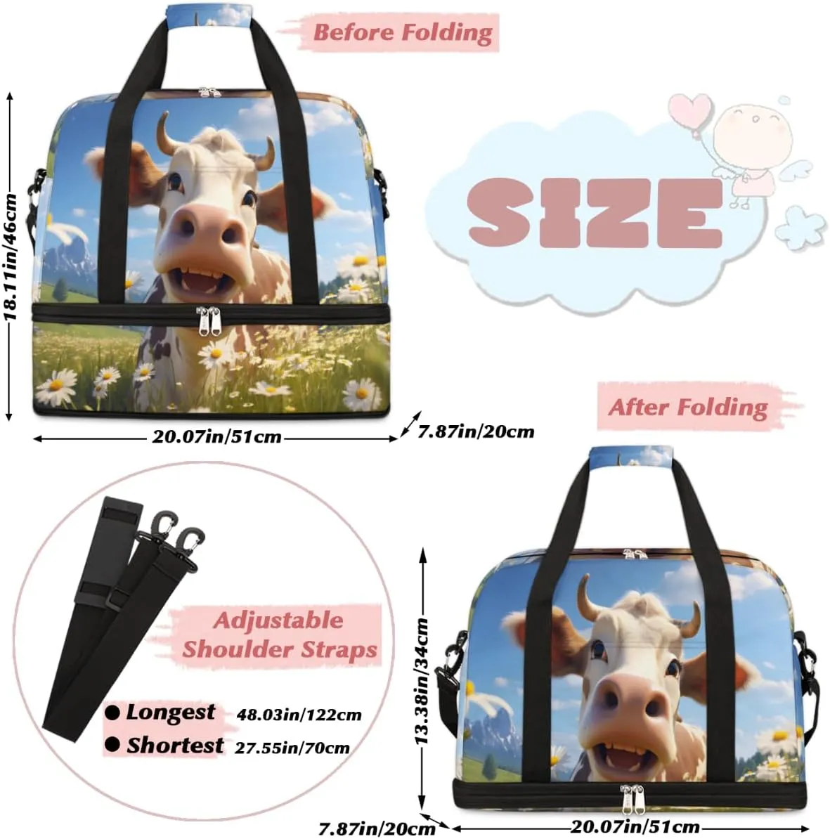 Funny Cattle Foldable Travel Duffel Bag Overnight Weekender Bag with Shoes Compartment Sports Gym Bag for Men Women