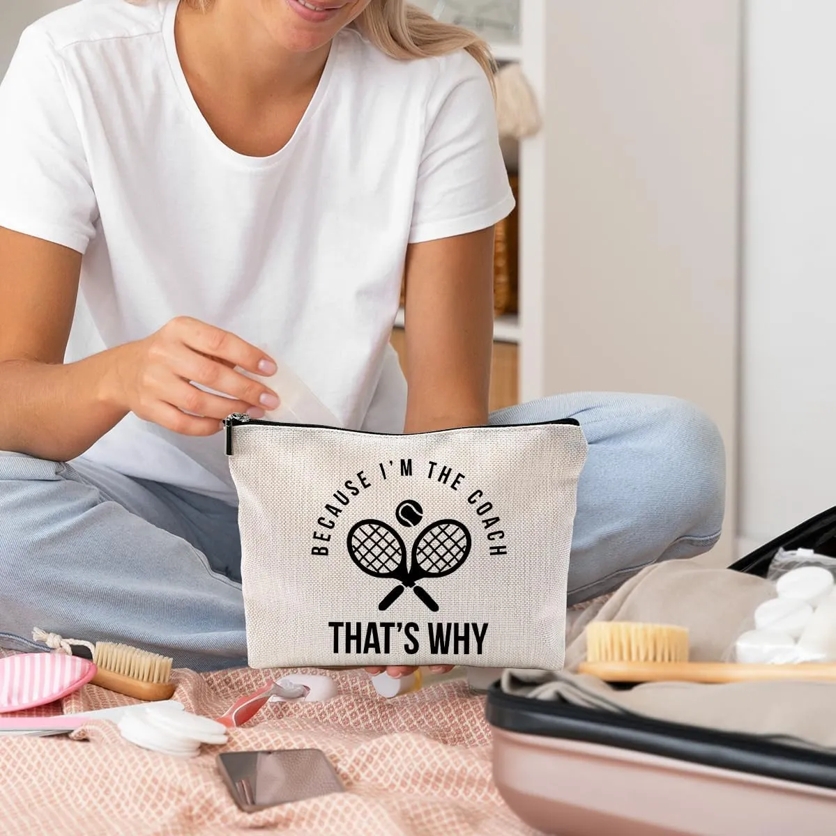 Funny Tennis Coach Makeup Bag Travel Cosmetic Bags,Because I'm the Coach That's Why Cosmetic Makeup Bags with Zipper Pouch Travel Toiletry Case,Best Gifts for Tennis Coaches