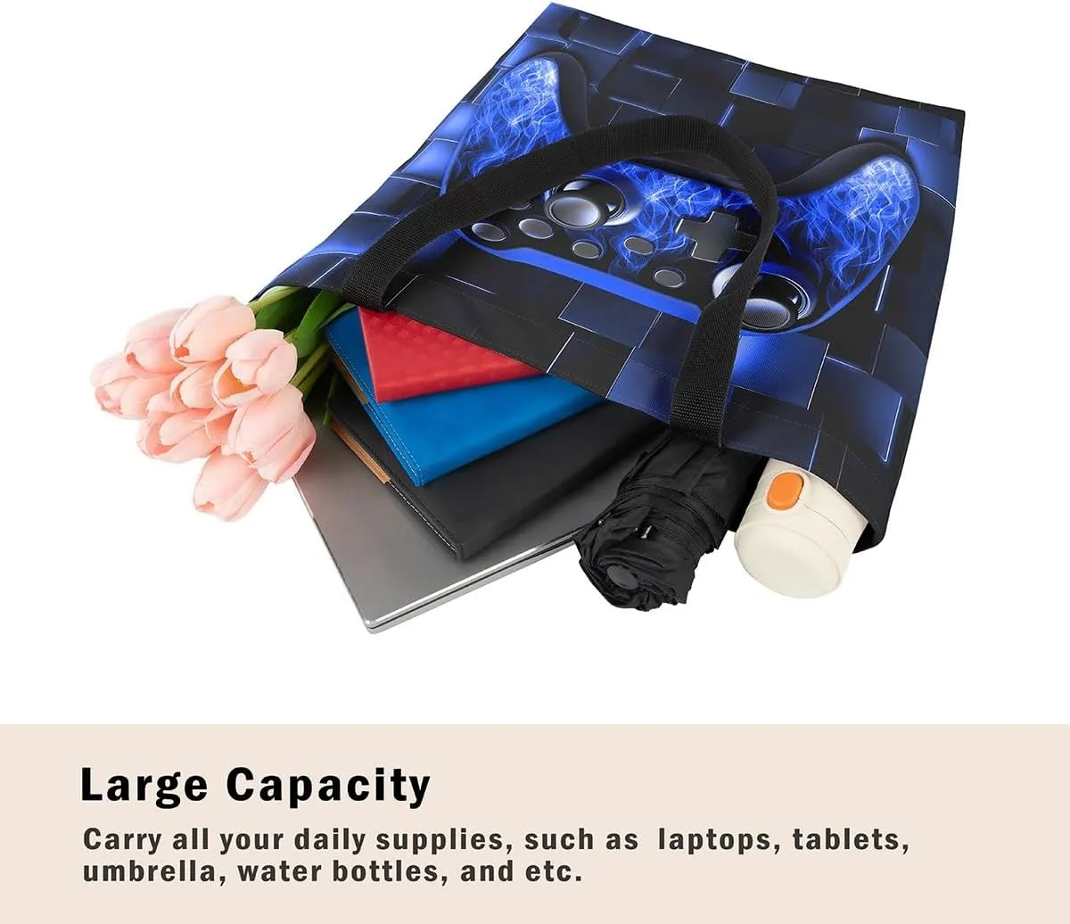 Gamer Canvas Tote Bag Neon Cubes Foldable Beach Bag,Geometry Block Gaming Casual Reusable Handbag