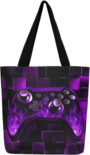 Gamer Canvas Tote Bag Neon Cubes Foldable Beach Bag,Geometry Block Gaming Casual Reusable Handbag