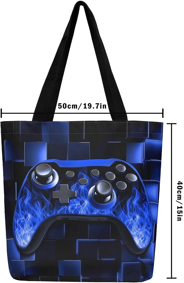 Gamer Canvas Tote Bag Neon Cubes Foldable Beach Bag,Geometry Block Gaming Casual Reusable Handbag