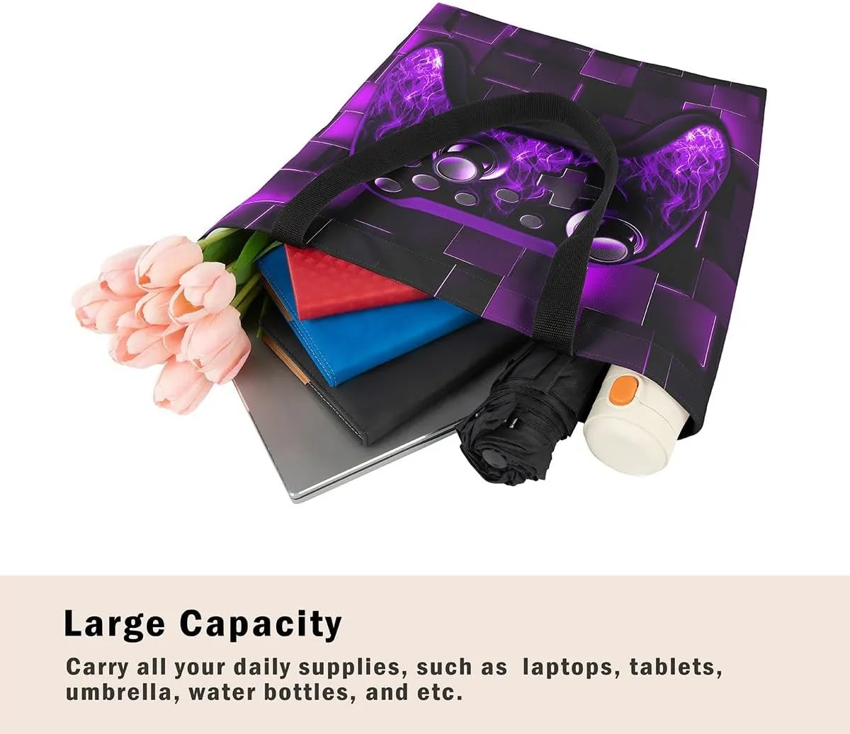 Gamer Canvas Tote Bag Neon Cubes Foldable Beach Bag,Geometry Block Gaming Casual Reusable Handbag