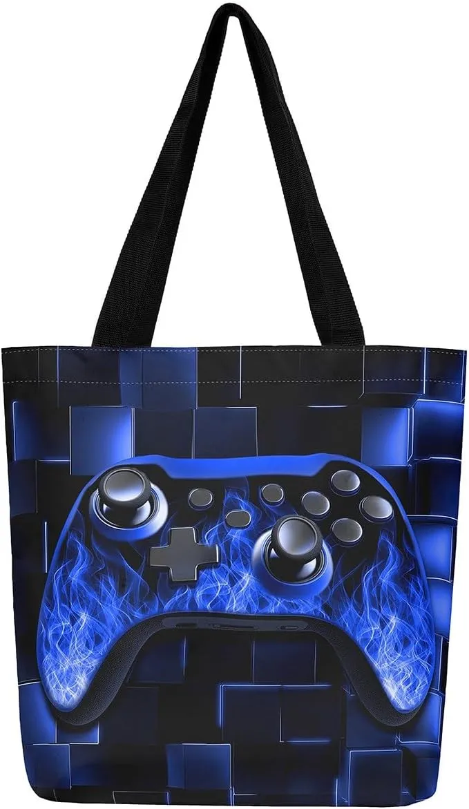 Gamer Canvas Tote Bag Neon Cubes Foldable Beach Bag,Geometry Block Gaming Casual Reusable Handbag