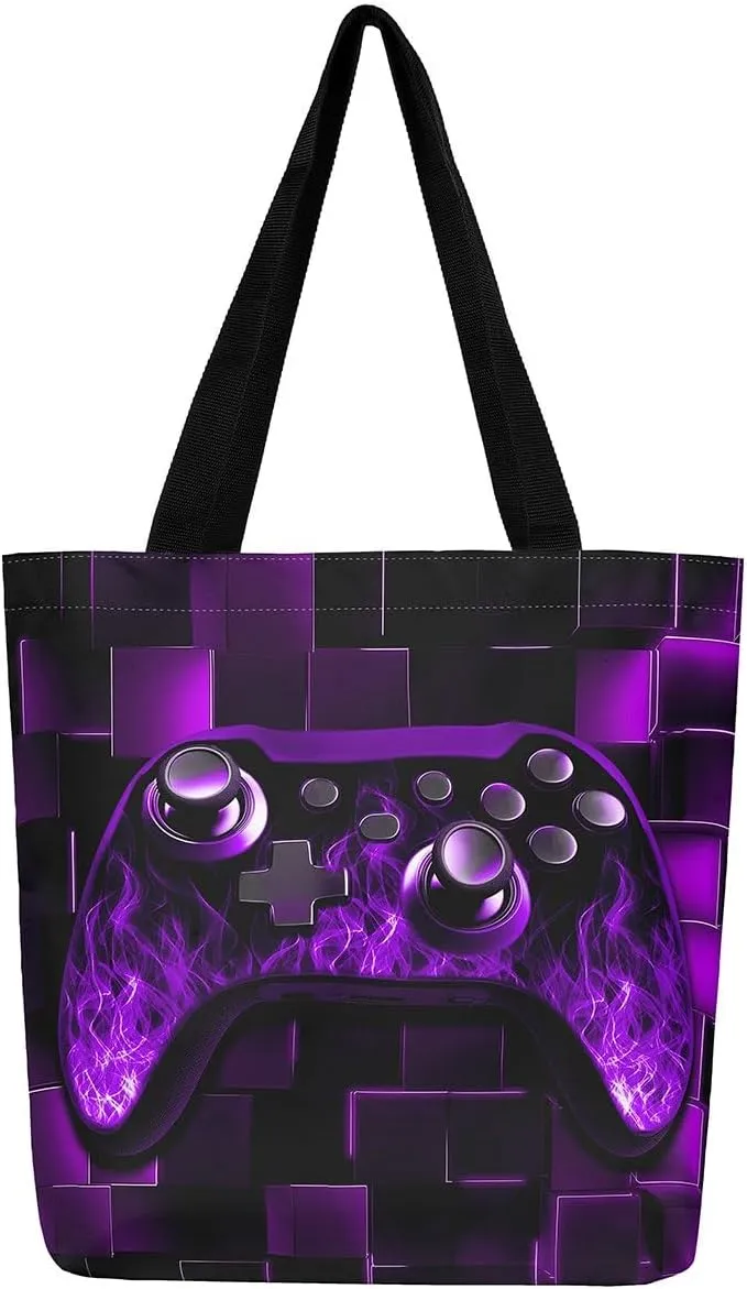 Gamer Canvas Tote Bag Neon Cubes Foldable Beach Bag,Geometry Block Gaming Casual Reusable Handbag