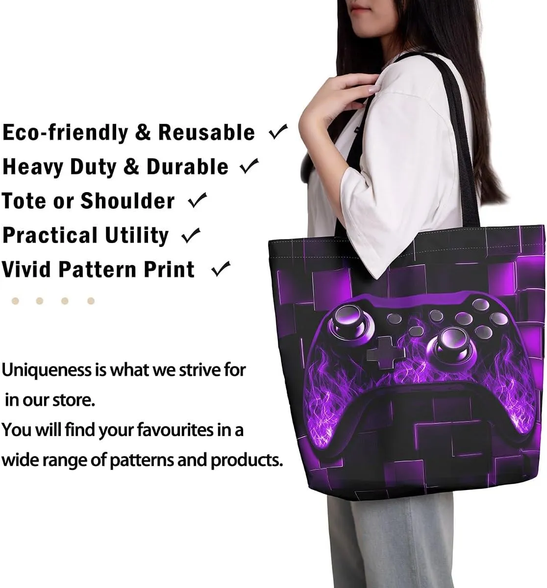 Gamer Canvas Tote Bag Neon Cubes Foldable Beach Bag,Geometry Block Gaming Casual Reusable Handbag