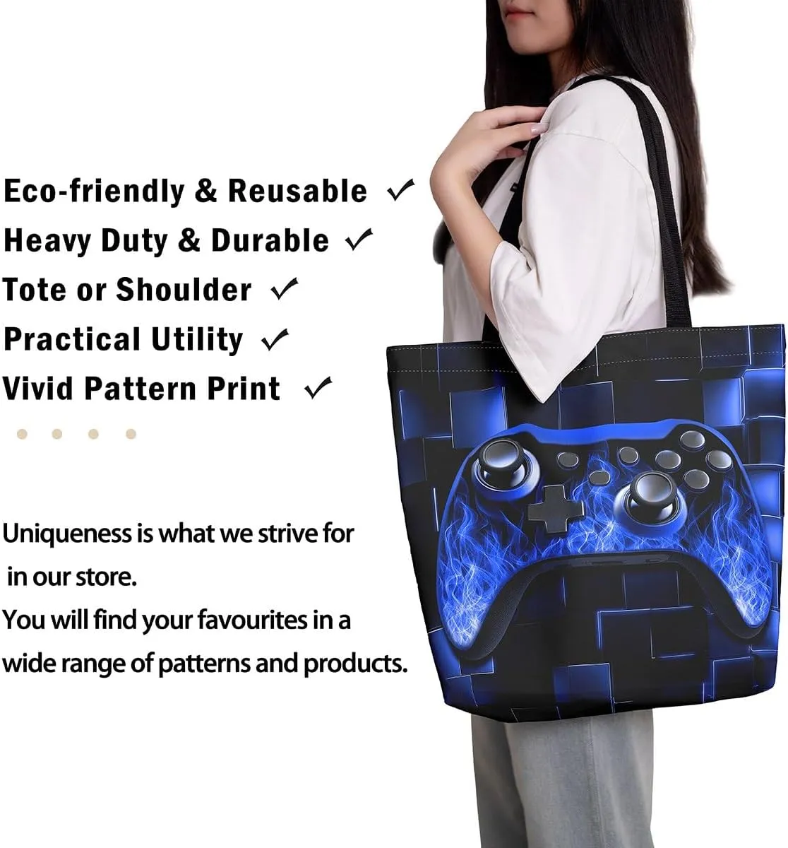 Gamer Canvas Tote Bag Neon Cubes Foldable Beach Bag,Geometry Block Gaming Casual Reusable Handbag