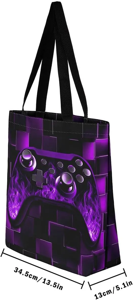Gamer Canvas Tote Bag Neon Cubes Foldable Beach Bag,Geometry Block Gaming Casual Reusable Handbag