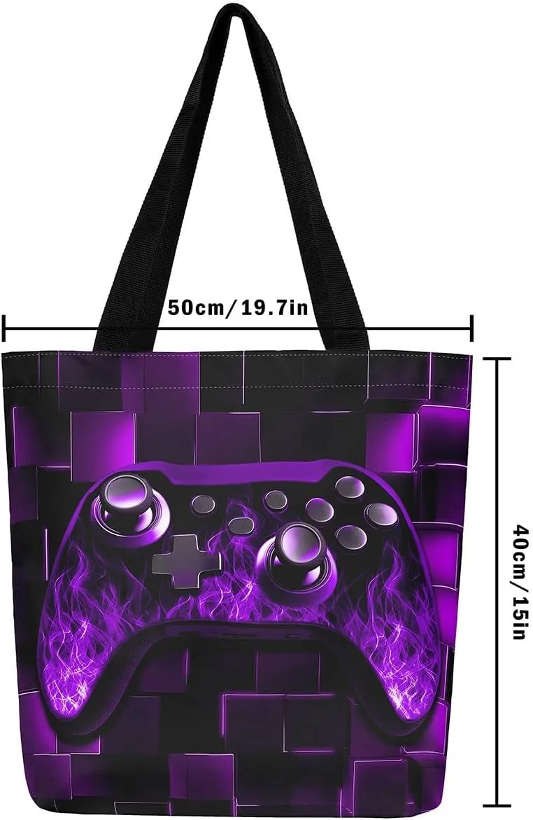 Gamer Canvas Tote Bag Neon Cubes Foldable Beach Bag,Geometry Block Gaming Casual Reusable Handbag