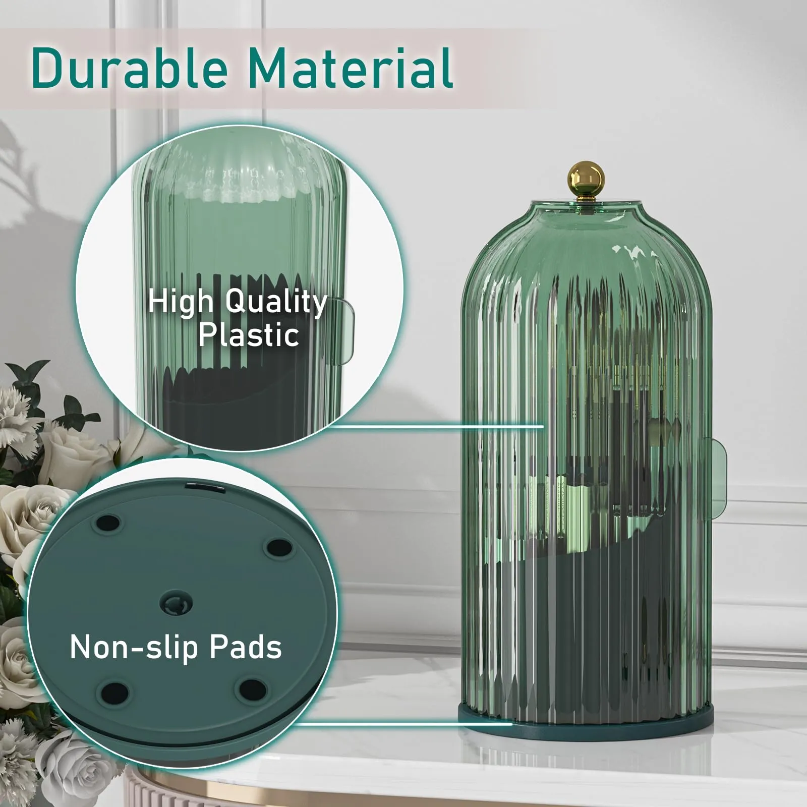 GAXmi Makeup Brush Holder with Lid Cosmetic Tools Organizer 360 Rotating Waterproof Dustproof Beauty Brushes Storage for Vanity, All Green
