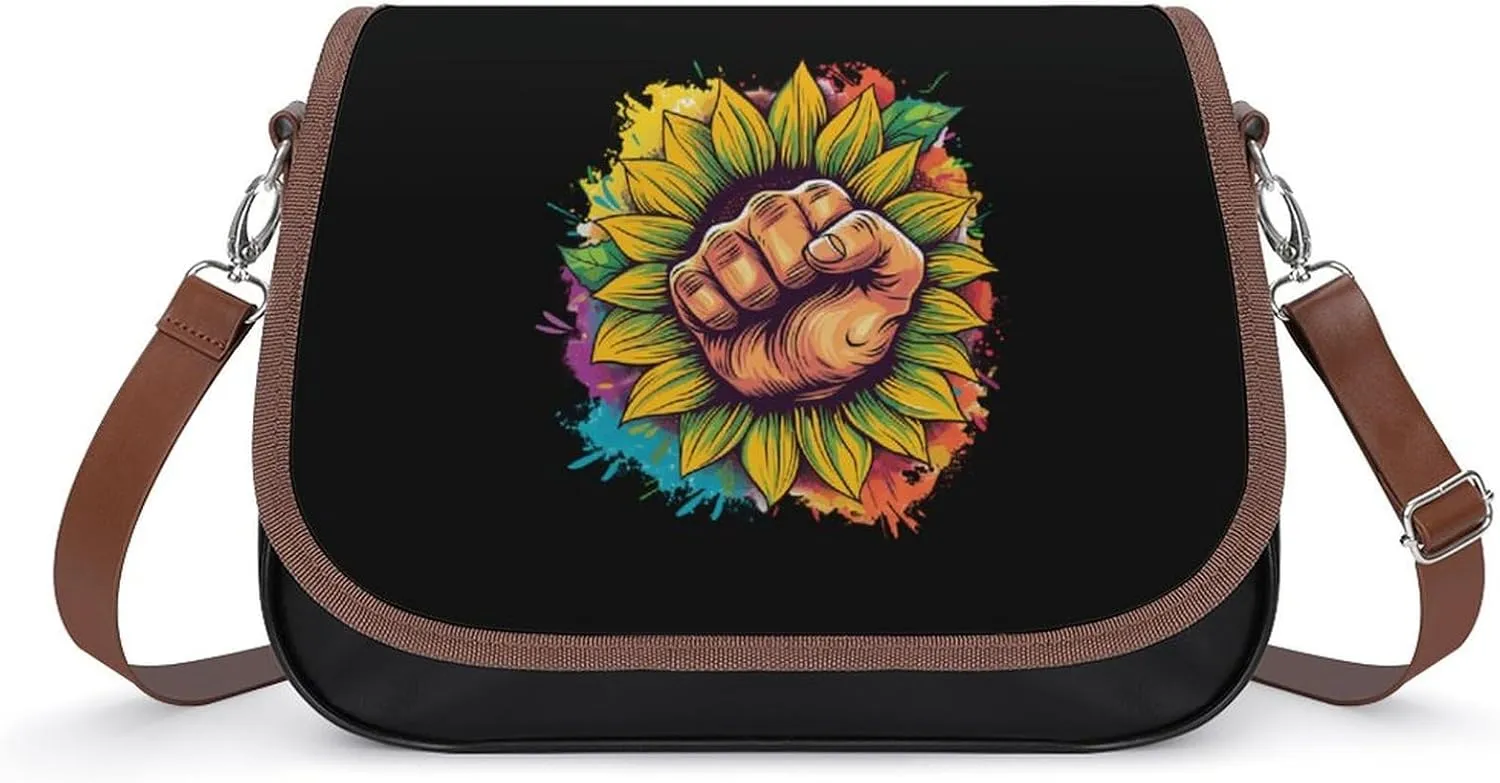 Gay LGBT Rainbow Fist Sunflower Women's PU Leather Purses Crossbody Shoulder Bag Messenger Bag