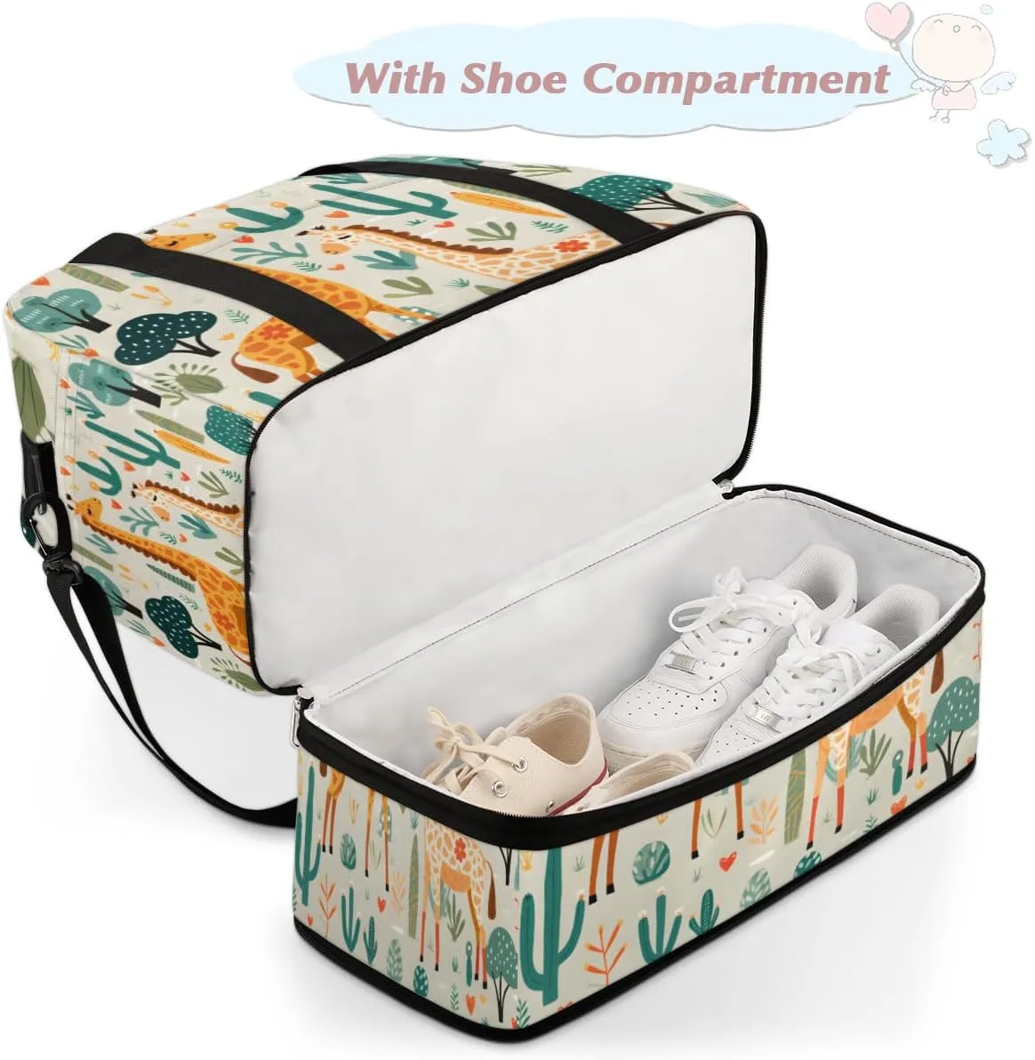 Giraffe Print Pattern Foldable Travel Duffel Bag Overnight Weekender Bag with Shoes Compartment Sports Gym Bag for Men Women