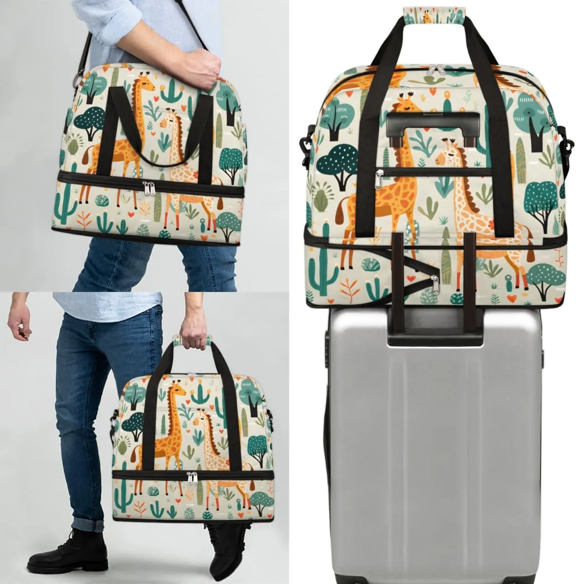 Giraffe Print Pattern Foldable Travel Duffel Bag Overnight Weekender Bag with Shoes Compartment Sports Gym Bag for Men Women