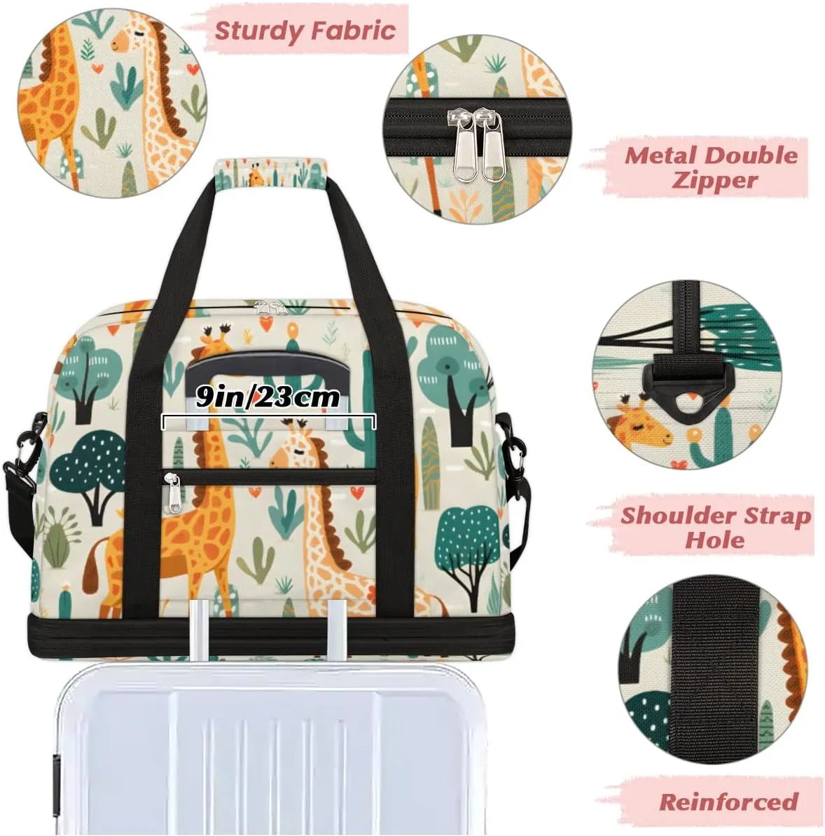 Giraffe Print Pattern Foldable Travel Duffel Bag Overnight Weekender Bag with Shoes Compartment Sports Gym Bag for Men Women